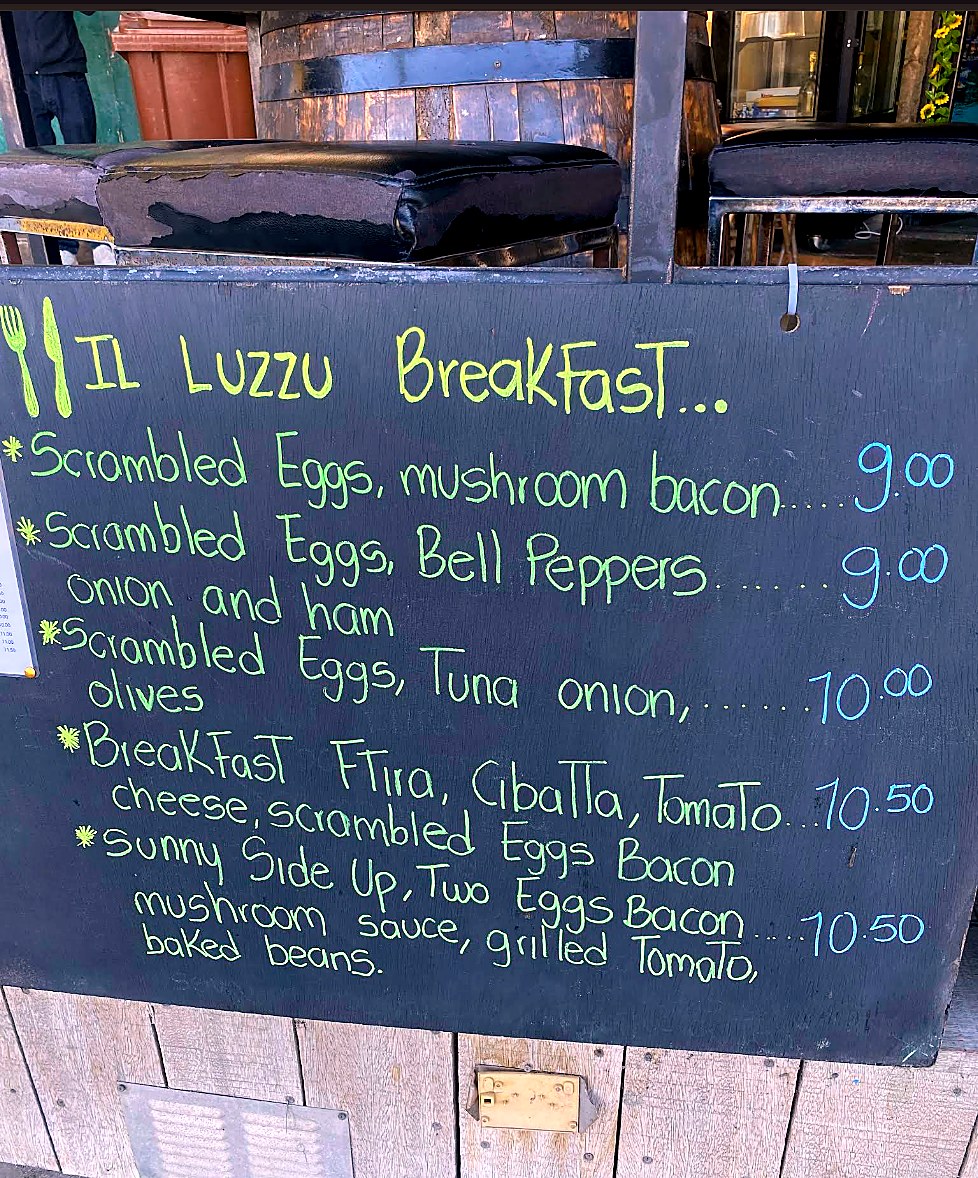 Il-Luzzu breakfast chalkboard menu.